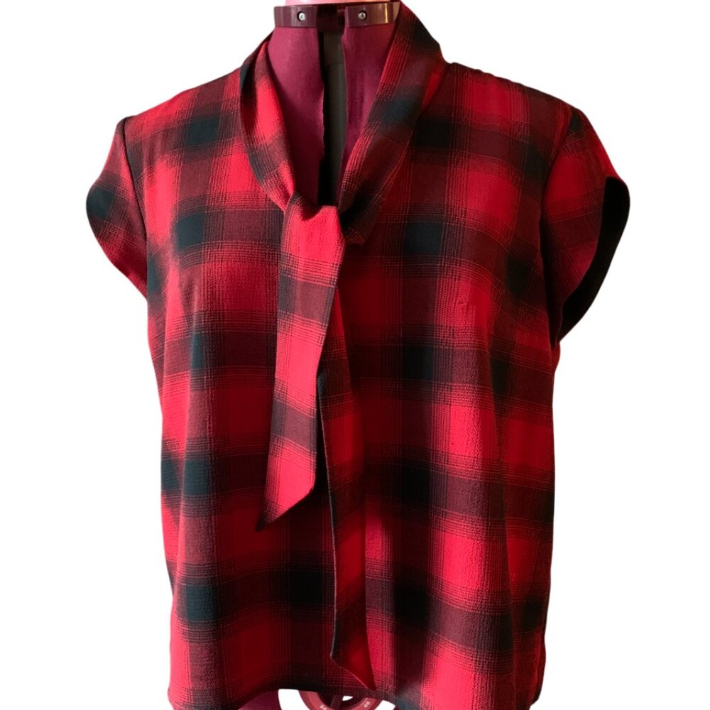 Annie 50- Red & Black plaid blouse - short sleeves tie neck open back - Large